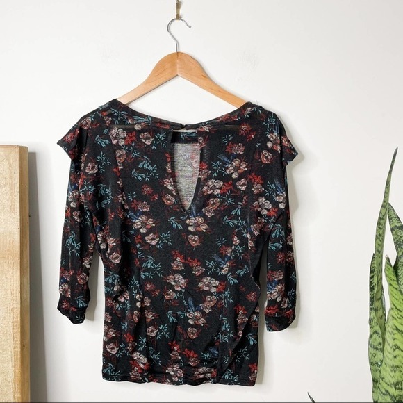 Free People Black Floral Blouse with ruffle overlay size XS Dock Street Top - Picture 6 of 9